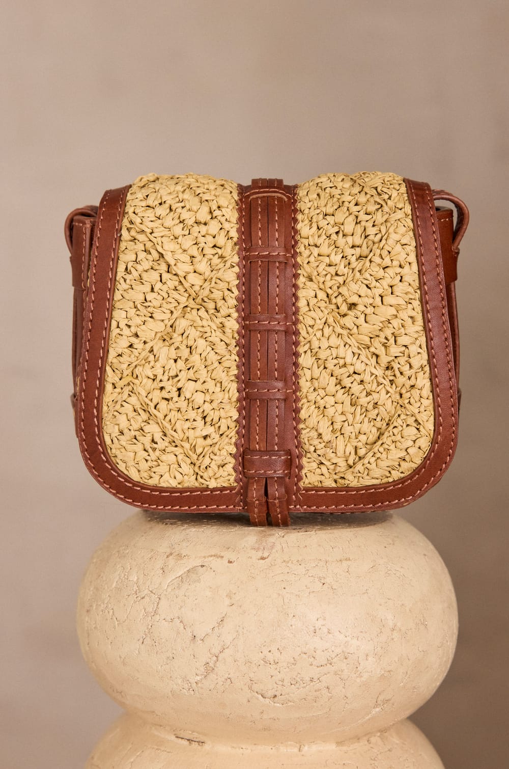 LUCIEN MINI leather and straw bag;${refinementColor}