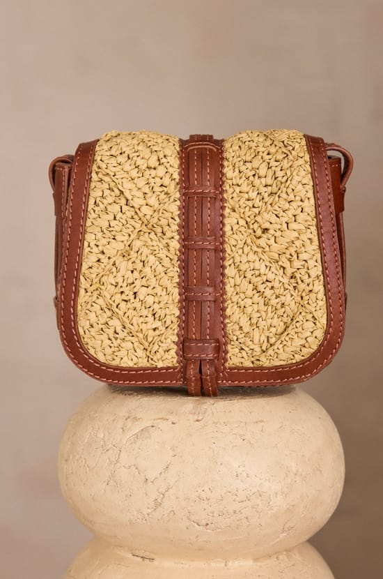LUCIEN MINI leather and straw bag;${refinementColor}