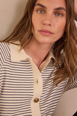 Striped polo collar sweatshirt in 100% cotton LIVIO;${refinementColor}