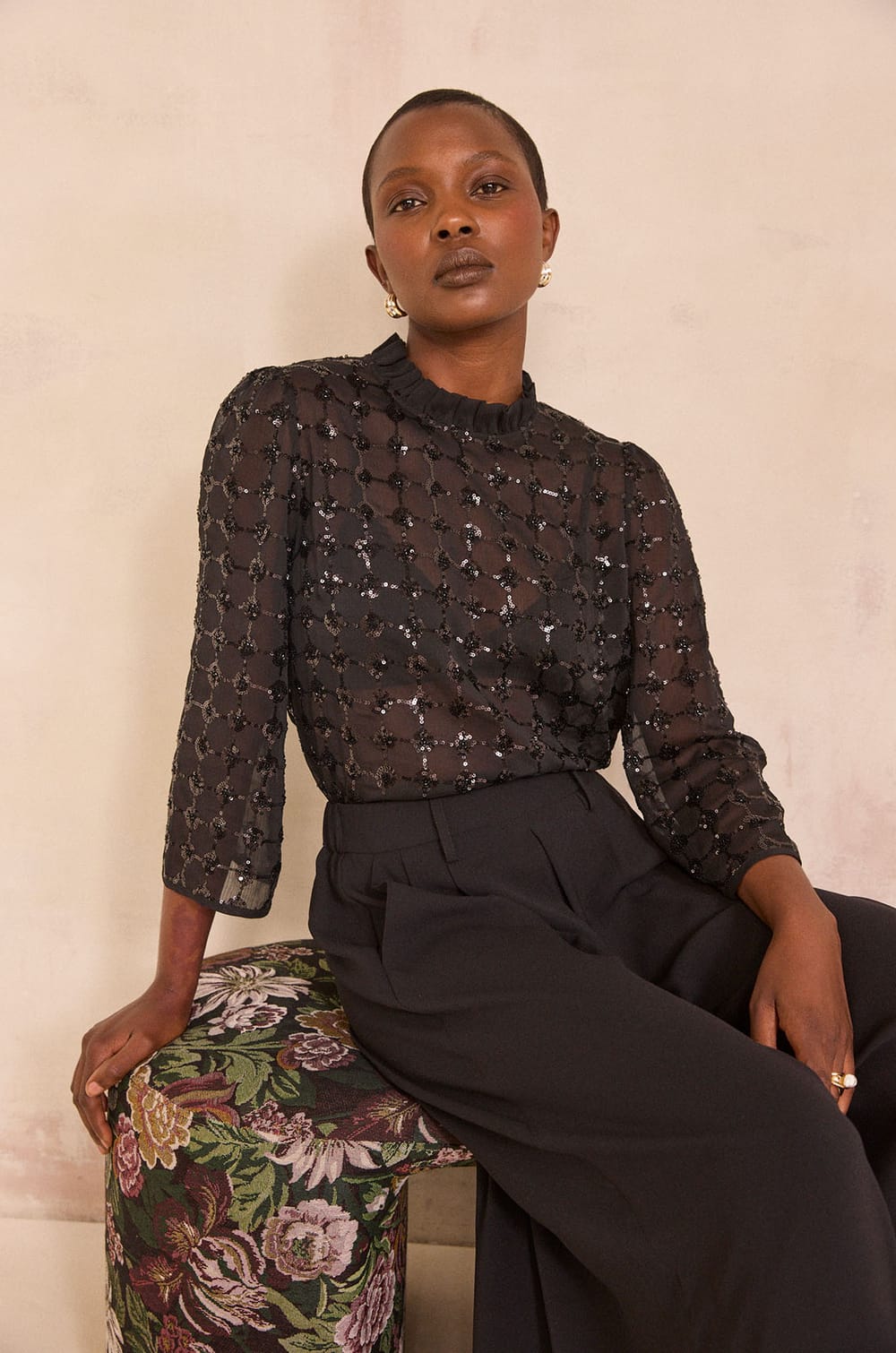 Sequin Embroidered Blouse MOKA;${refinementColor}