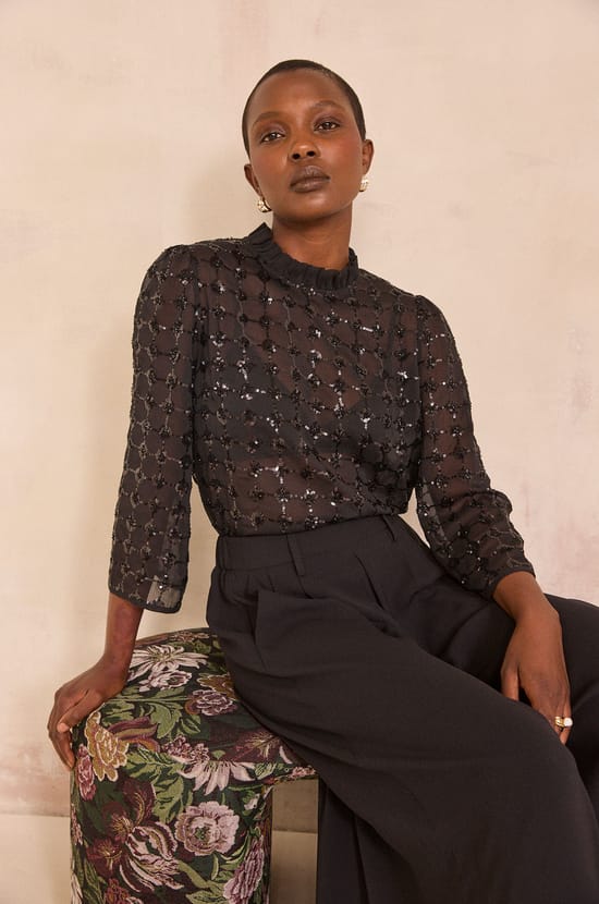 Sequin Embroidered Blouse MOKA;${refinementColor}