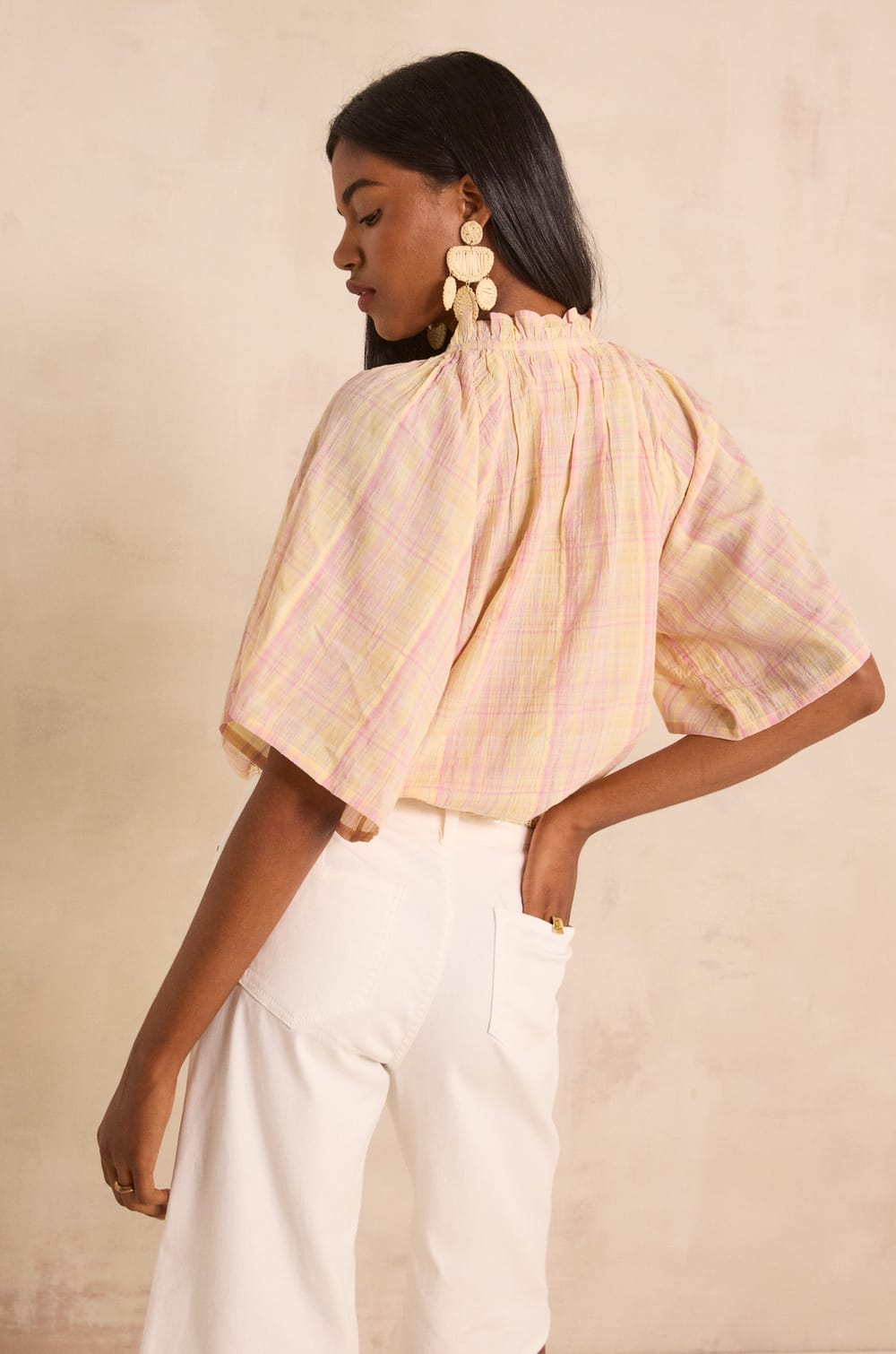 Blouse manches courtes &agrave; carreaux en coton MADDY;${refinementColor}