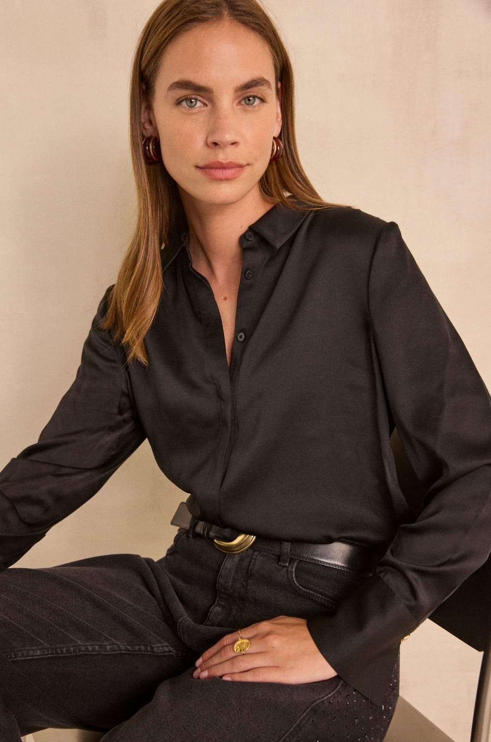 Black satin long-sleeved blouse MALAGA;${refinementColor}
