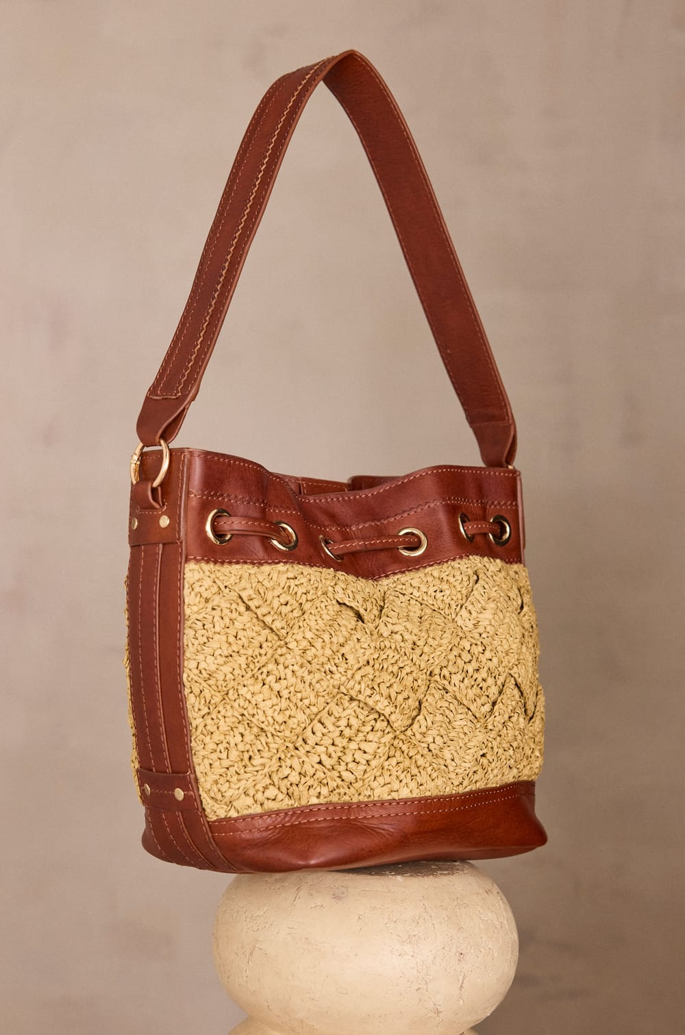 LUCIEN leather and raffia bucket bag;${refinementColor}