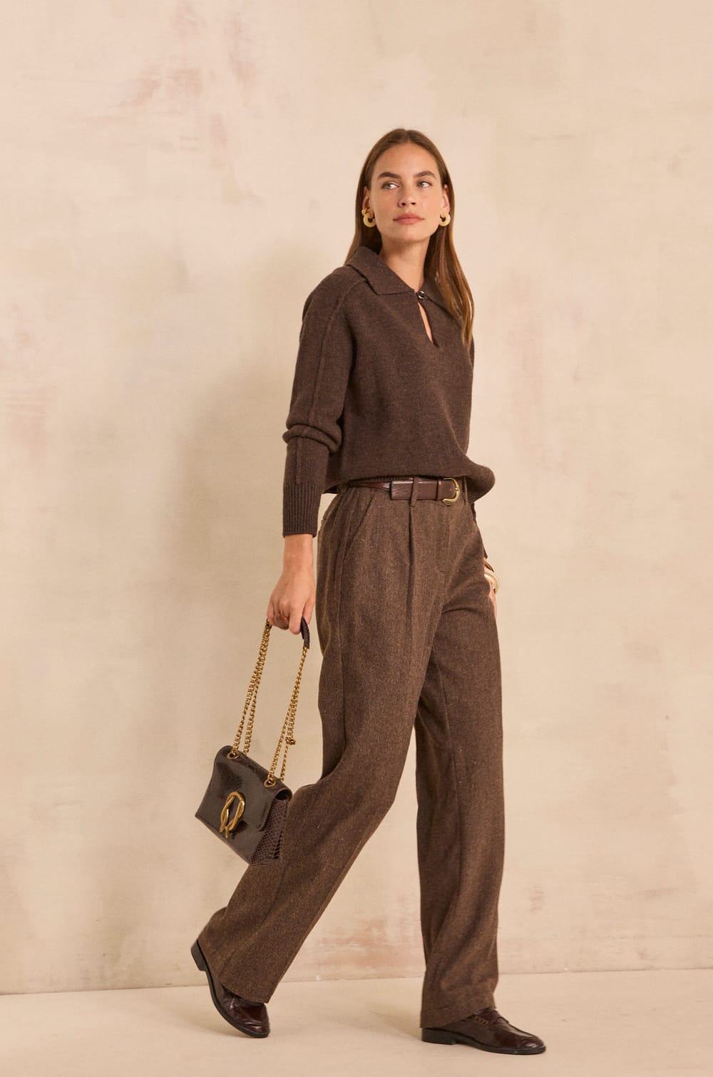 Long sleeve chocolate sweater in wool ANDREA;${refinementColor}