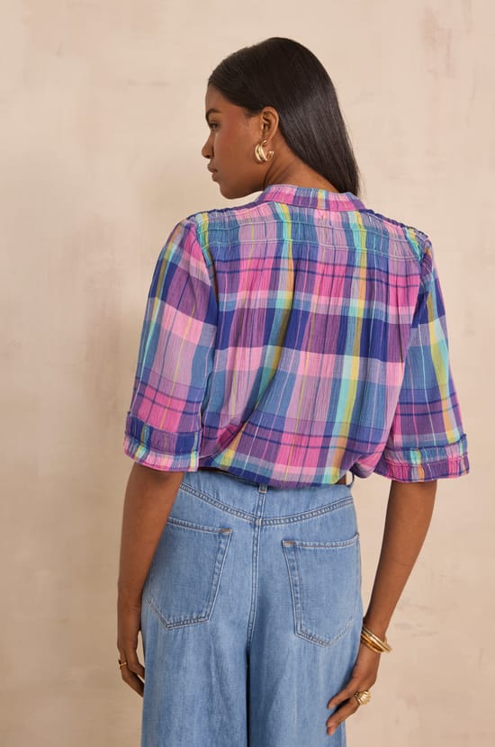 Short-sleeved checkered cotton blouse MAGDA;${refinementColor}