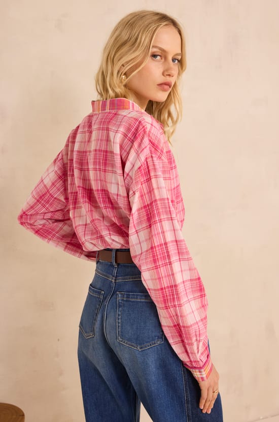 Long sleeve checkered cotton blouse MELODIE;${refinementColor}