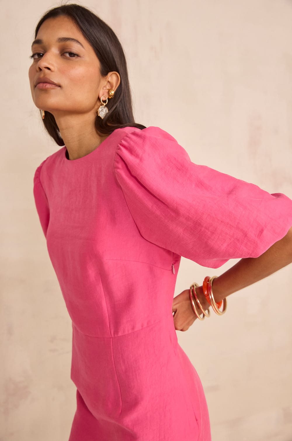 BAYLA short puff sleeve straight dress;${refinementColor}