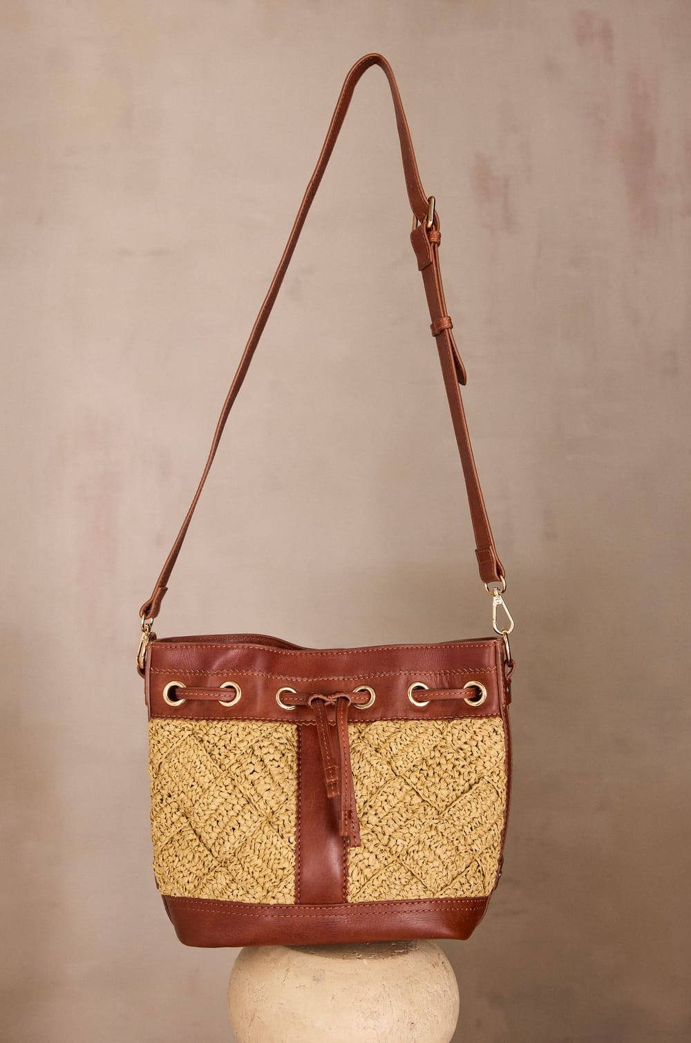 LUCIEN leather and raffia bucket bag;${refinementColor}