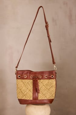 LUCIEN leather and raffia bucket bag;${refinementColor}