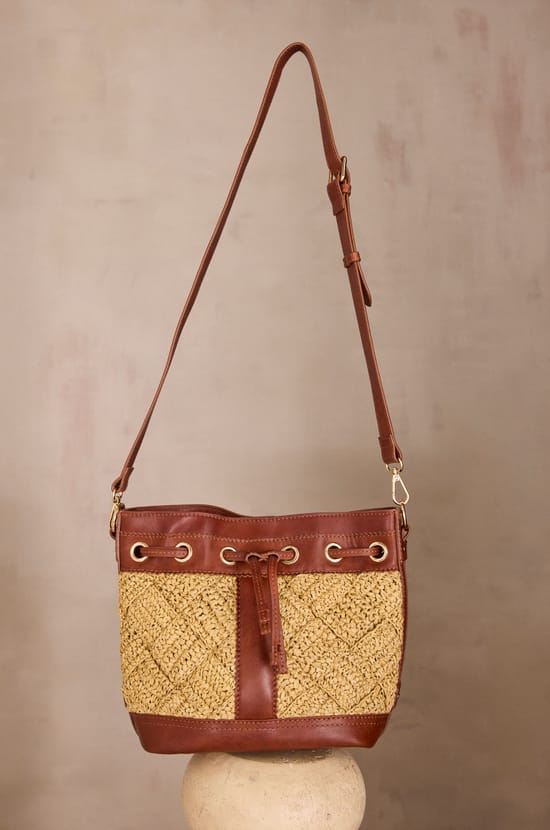 LUCIEN leather and raffia bucket bag;${refinementColor}