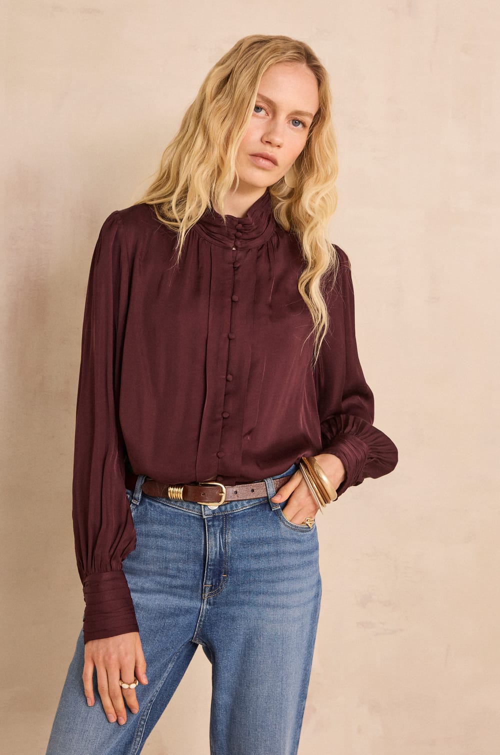 MAY high-neck satin blouse;${refinementColor}