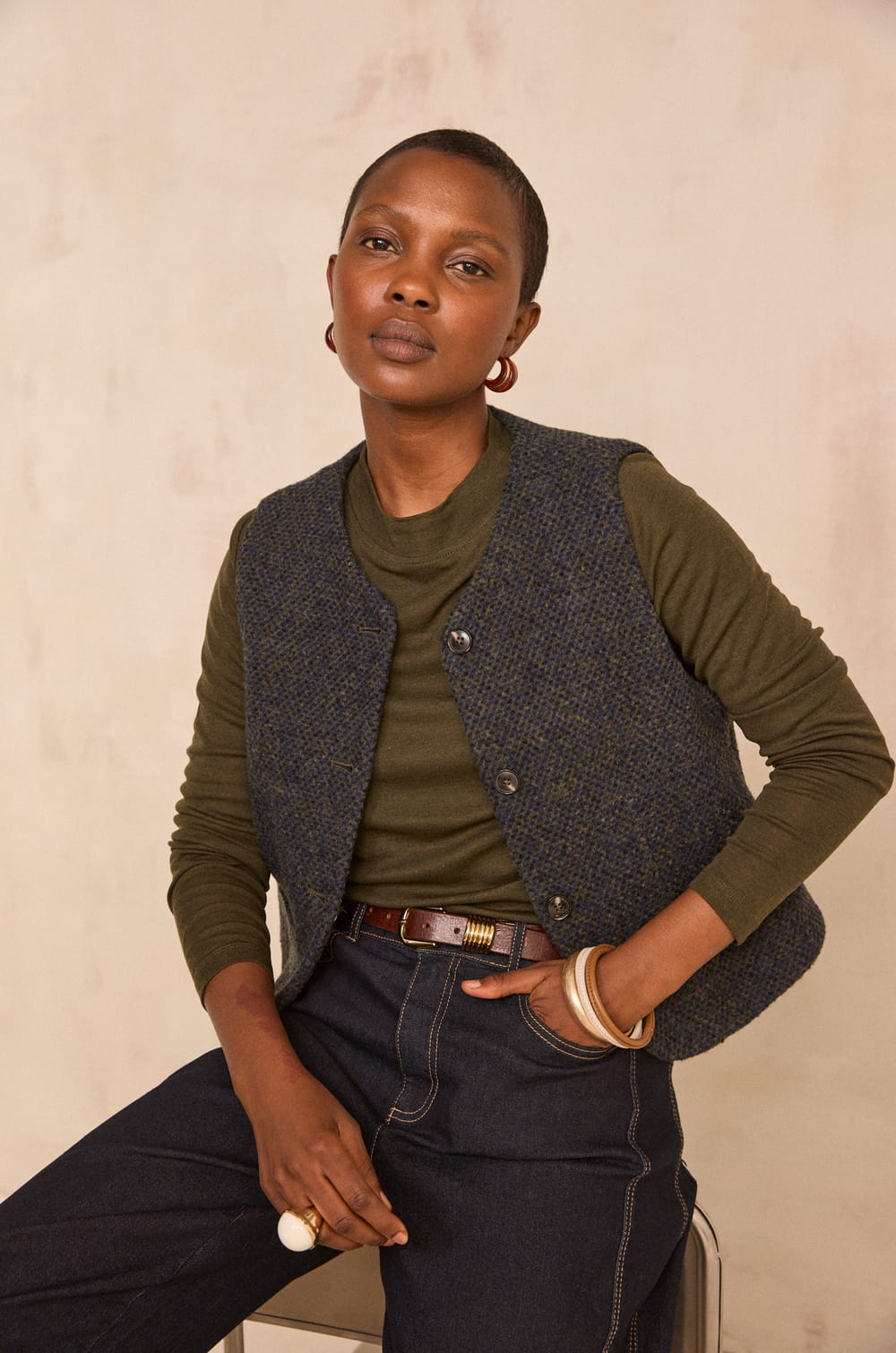 Pharrell tweed mixed wool sleeveless vest;${refinementColor}