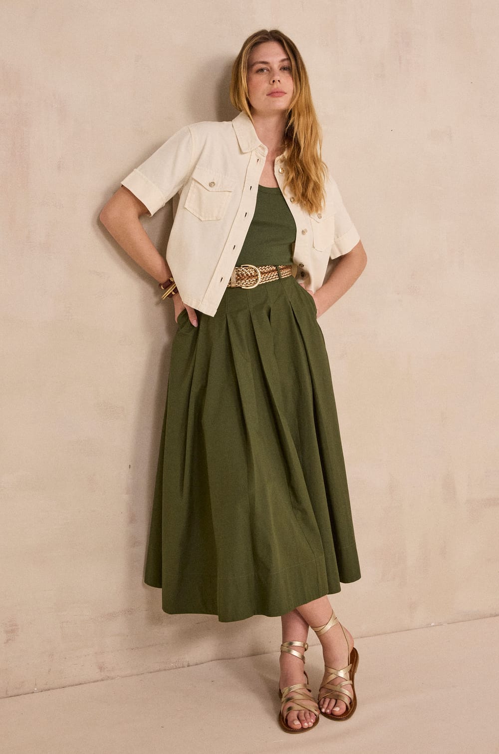 OLIVE cotton A-line skirt;${refinementColor}
