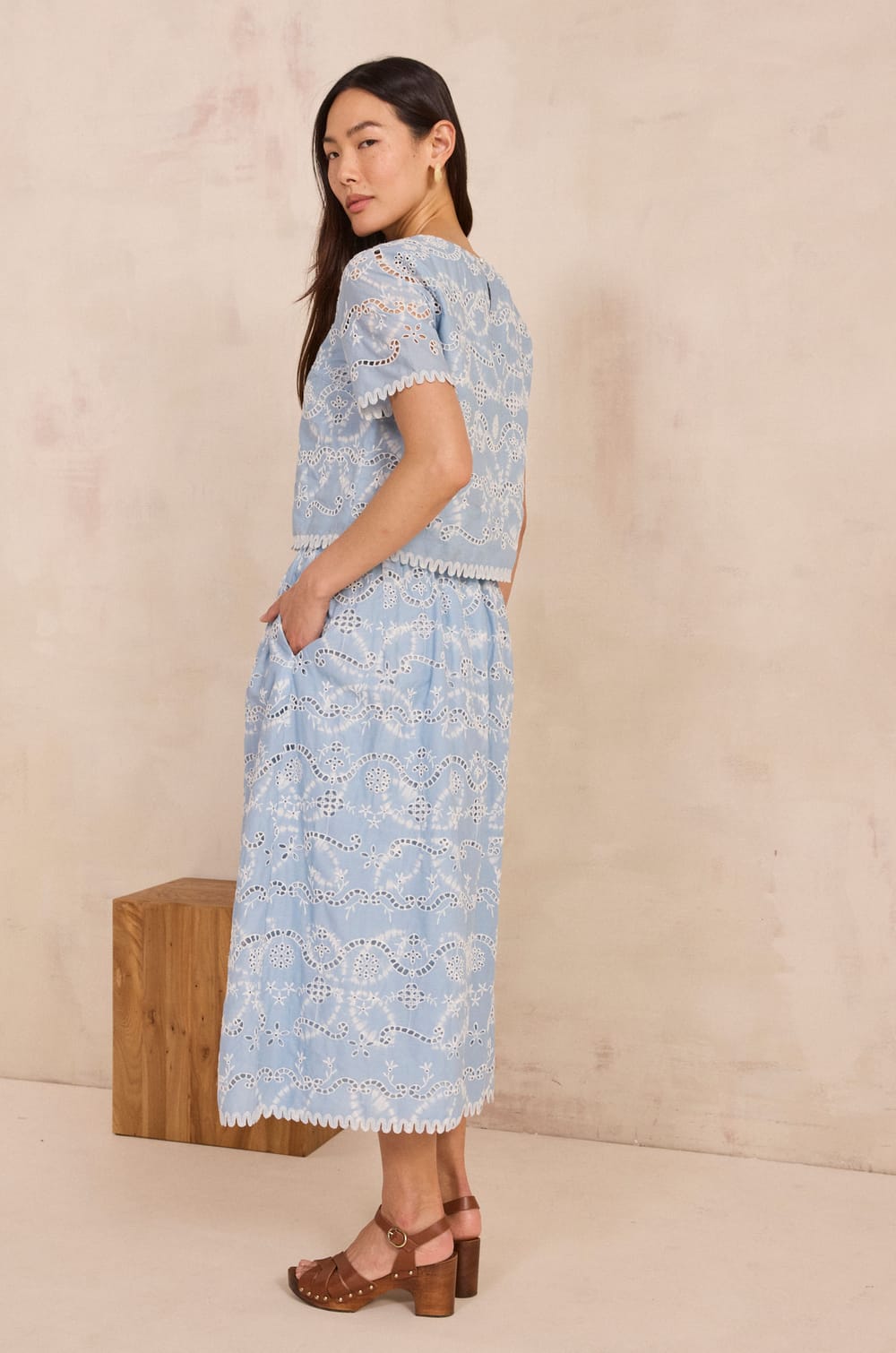 Embroidered 3/4 sleeve cotton blouse DANTY;${refinementColor}
