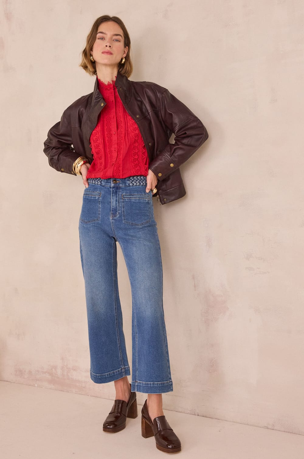 Cropped jeans with braided details ROMA;${refinementColor}