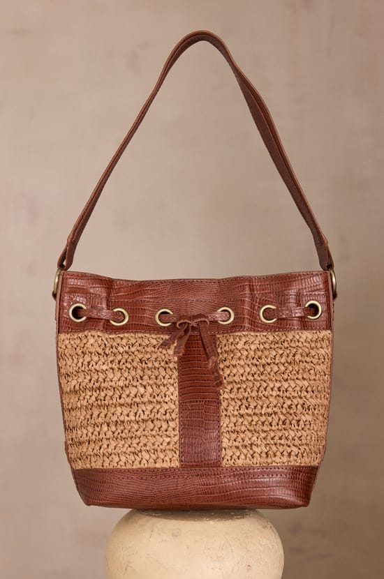 MAX leather and raffia bucket bag;${refinementColor}