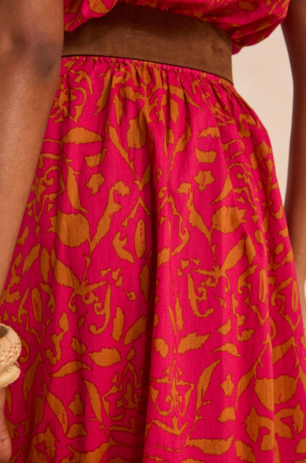 Printed fluid midi cotton skirt BROWN;${refinementColor}