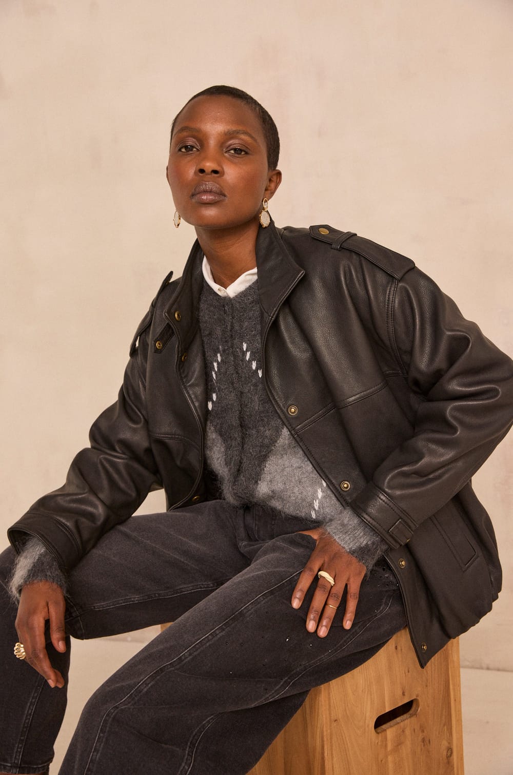 OSCAR oversized grain leather jacket;${refinementColor}
