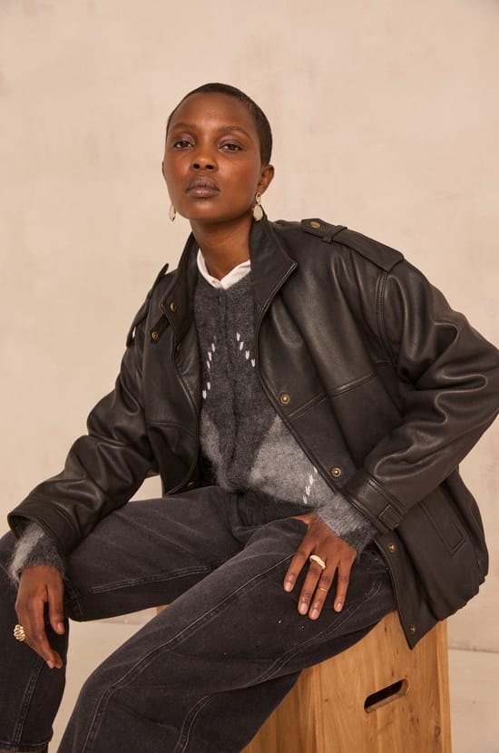 OSCAR oversized grain leather jacket;${refinementColor}