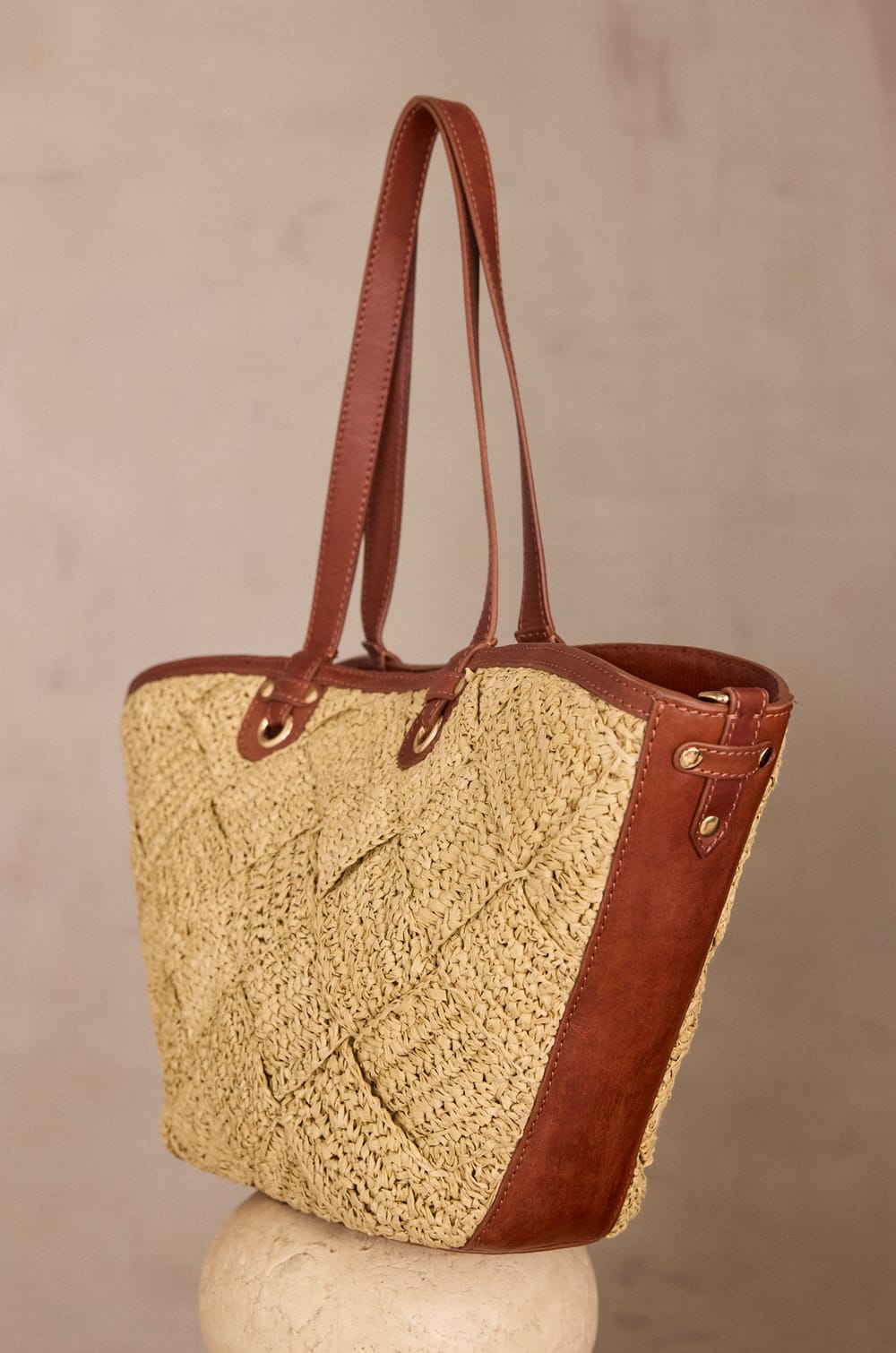 LUCIEN leather and raffia basket bag;${refinementColor}