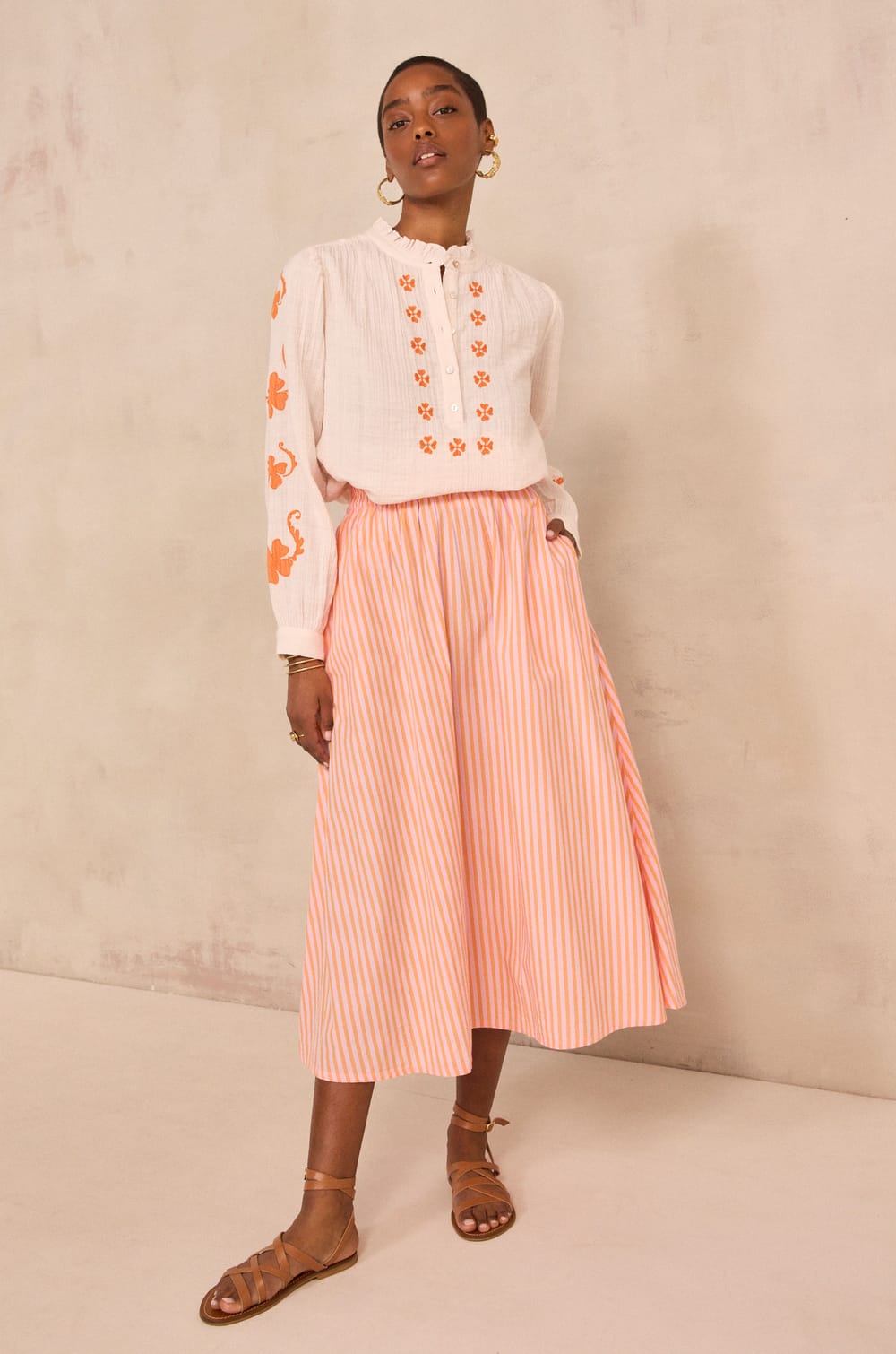 Cotton striped flowy midi skirt BRUNE;${refinementColor}