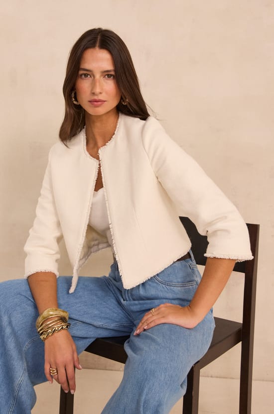 3/4 sleeve cotton blend tweed jacket VALIE;${refinementColor}
