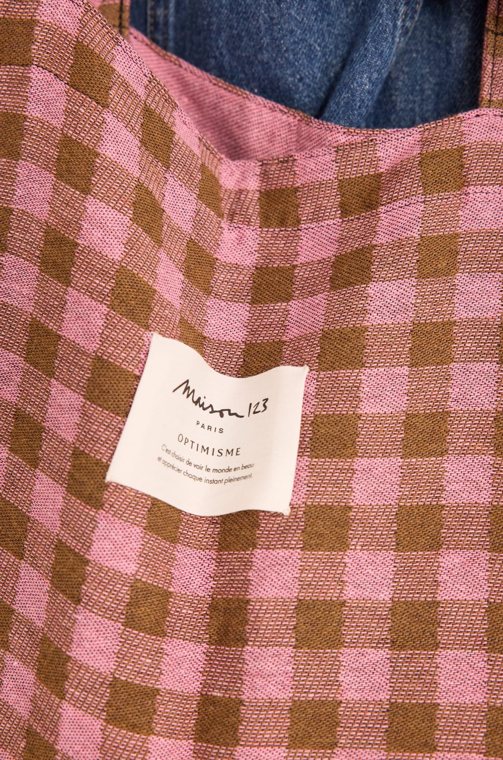 Mixed Cotton Checkered Tote Bag Small Size;${refinementColor}