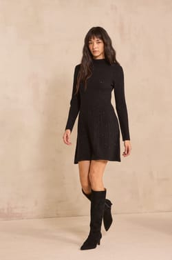 Black straight knit dress in mixed wool with sequins;${refinementColor}