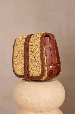 LUCIEN MINI leather and straw bag;${refinementColor}