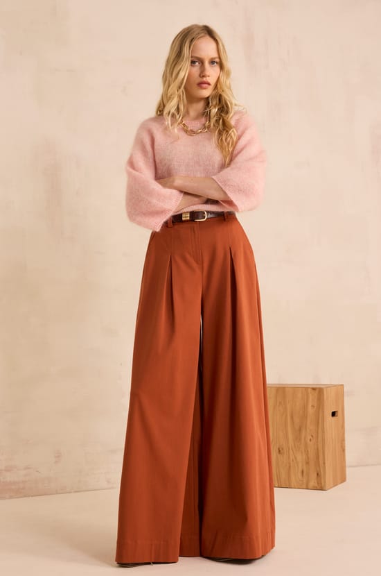 Pantalon large  en coton m&eacute;lang&eacute; LUCE;${refinementColor}