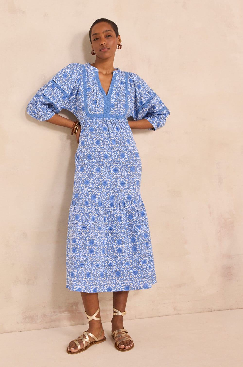 Long printed cotton blend lace dress LOLY;${refinementColor}