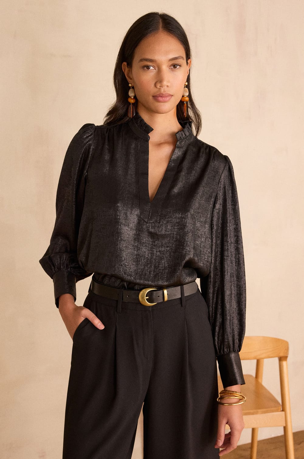 BETH Tunisian collar blouse;${refinementColor}