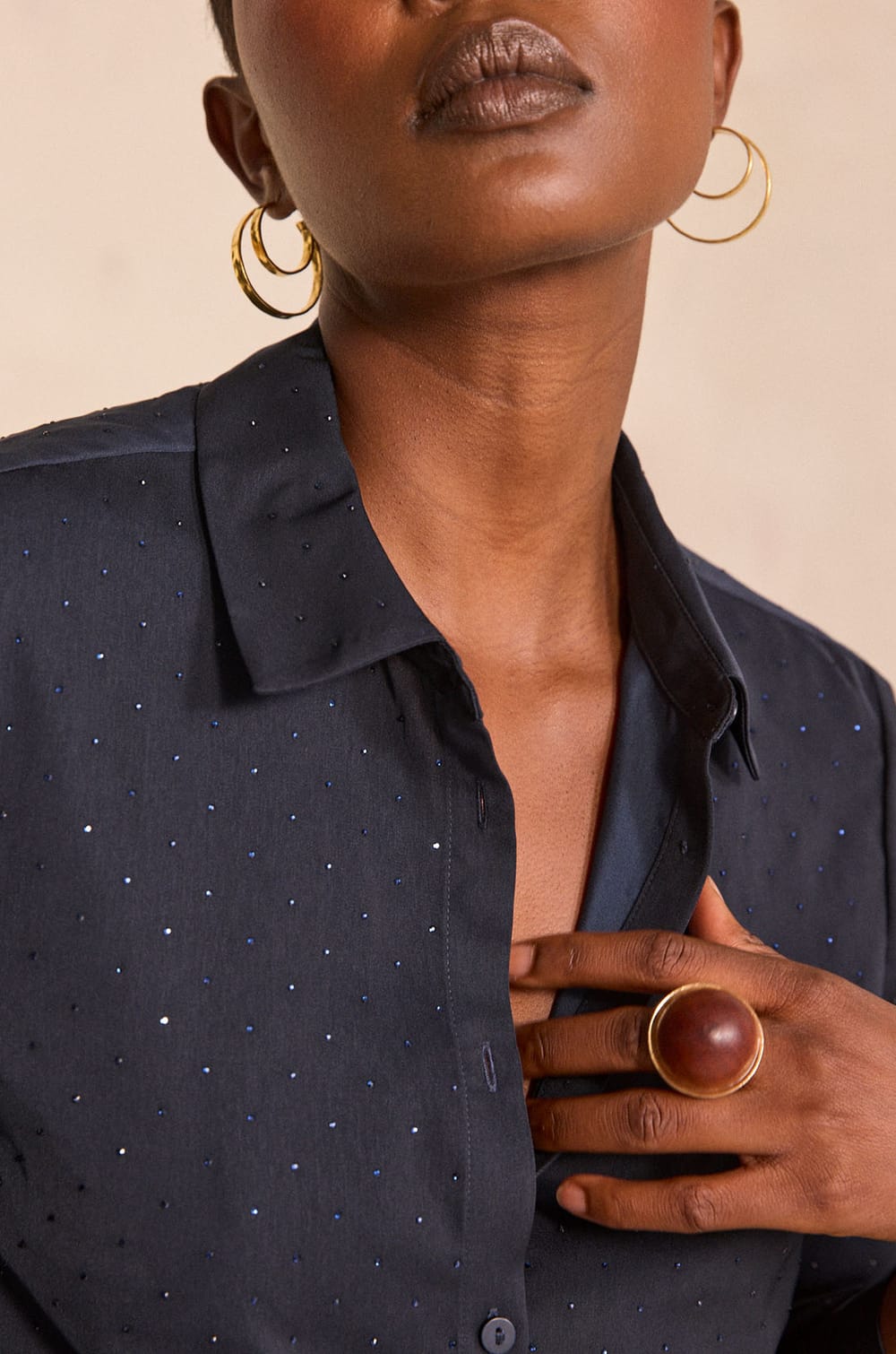 CARLA satin blouse with rhinestones;${refinementColor}