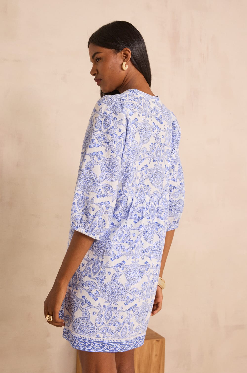 Printed straight dress in blended cotton PLUM;${refinementColor}