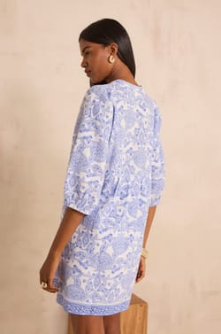 Printed straight dress in blended cotton PLUM;${refinementColor}