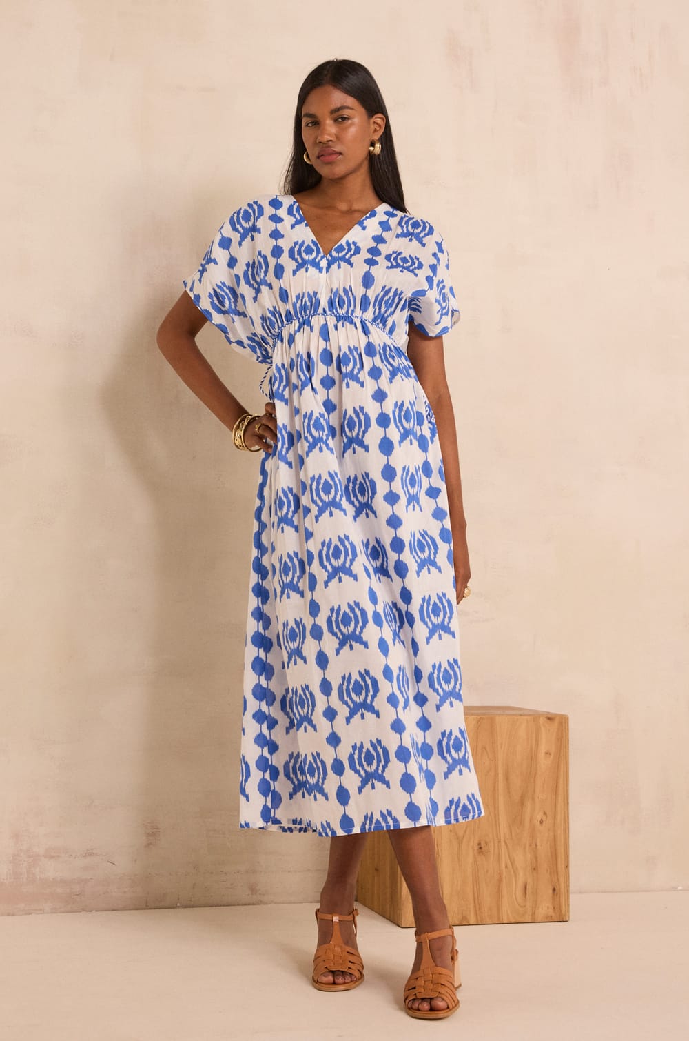 Printed cotton straight dress PROMISE;${refinementColor}