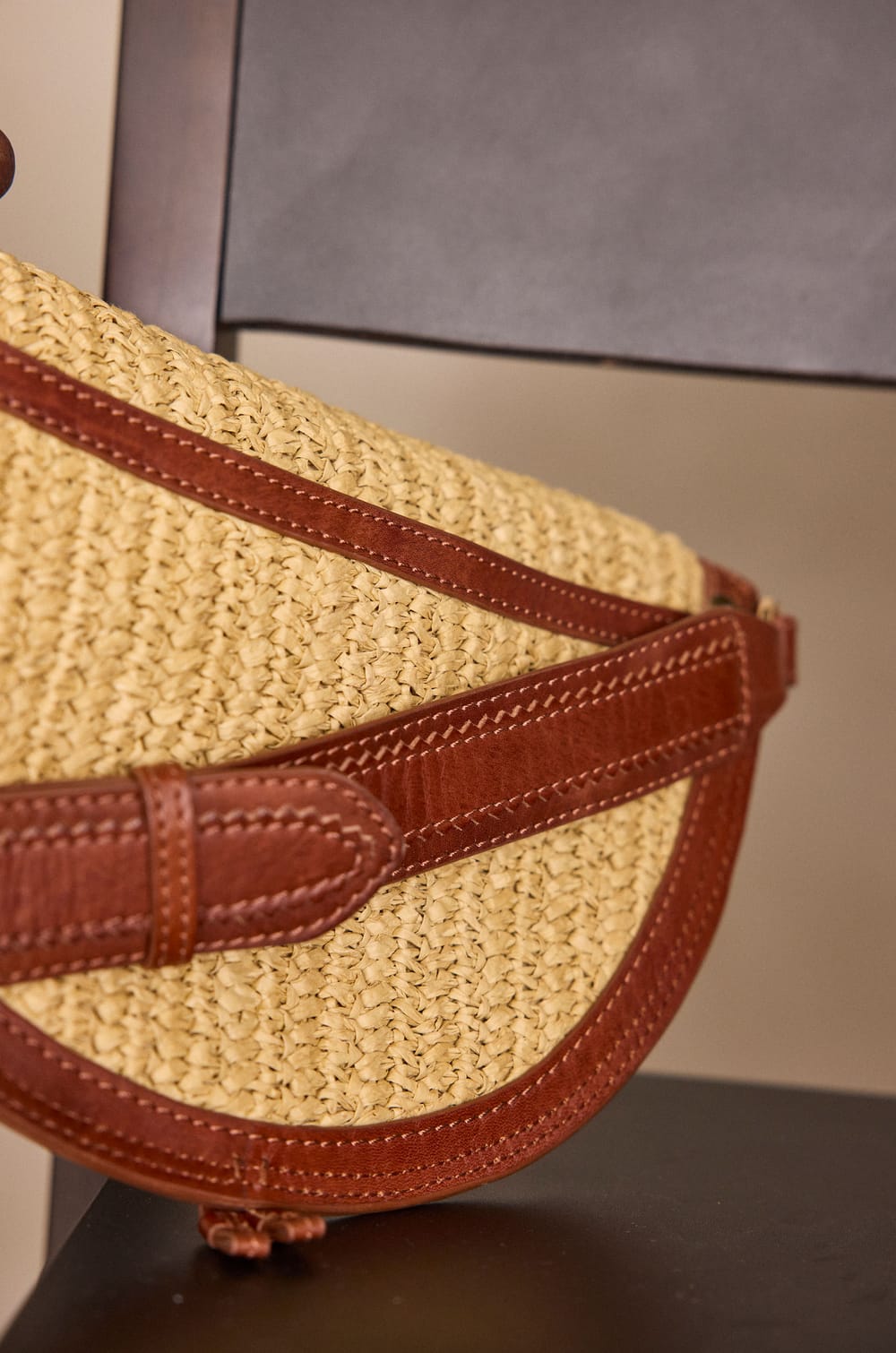 LUCIEN leather and raffia belt bag;${refinementColor}