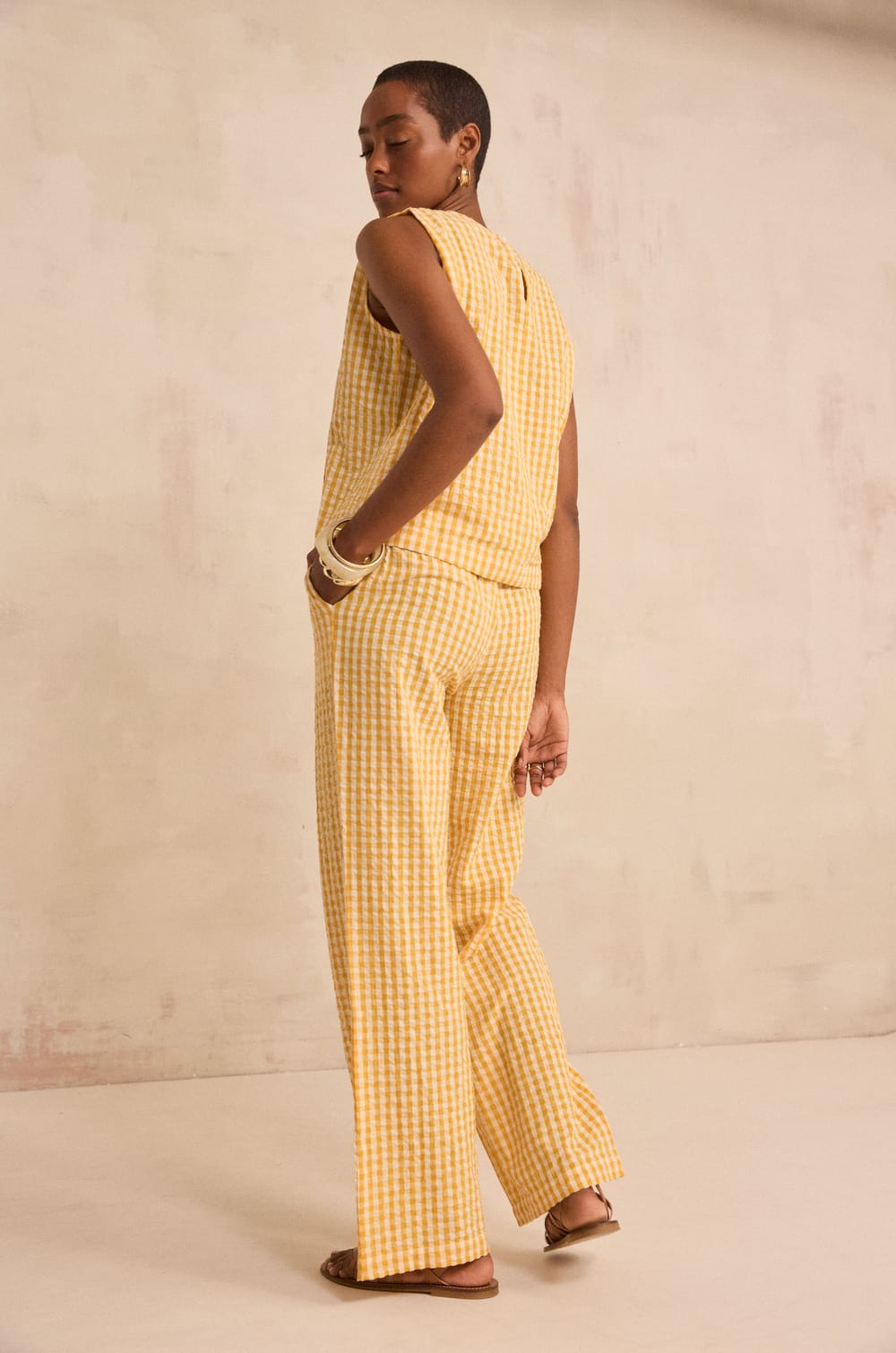 Pantalon droit imprim&eacute; vichy en coton THEODORE;${refinementColor}