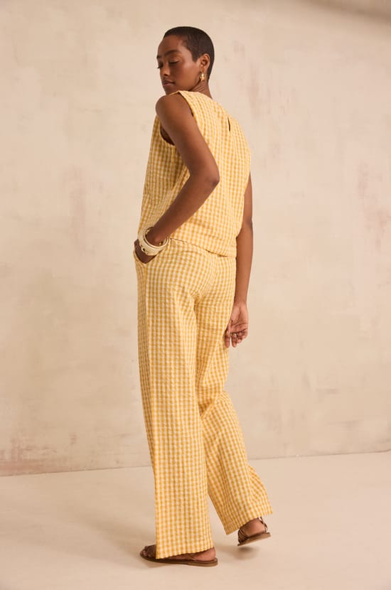 Pantalon droit imprim&eacute; vichy en coton THEODORE;${refinementColor}