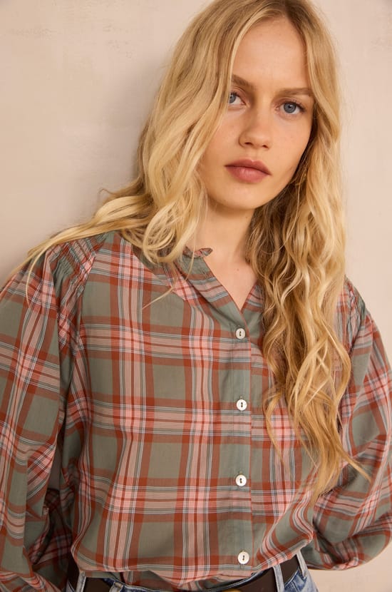 Checkered long-sleeve cotton blouse MANON;${refinementColor}