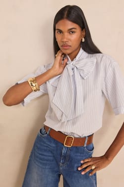 Short-sleeved cotton blouse with bow tie collar DARINE;${refinementColor}