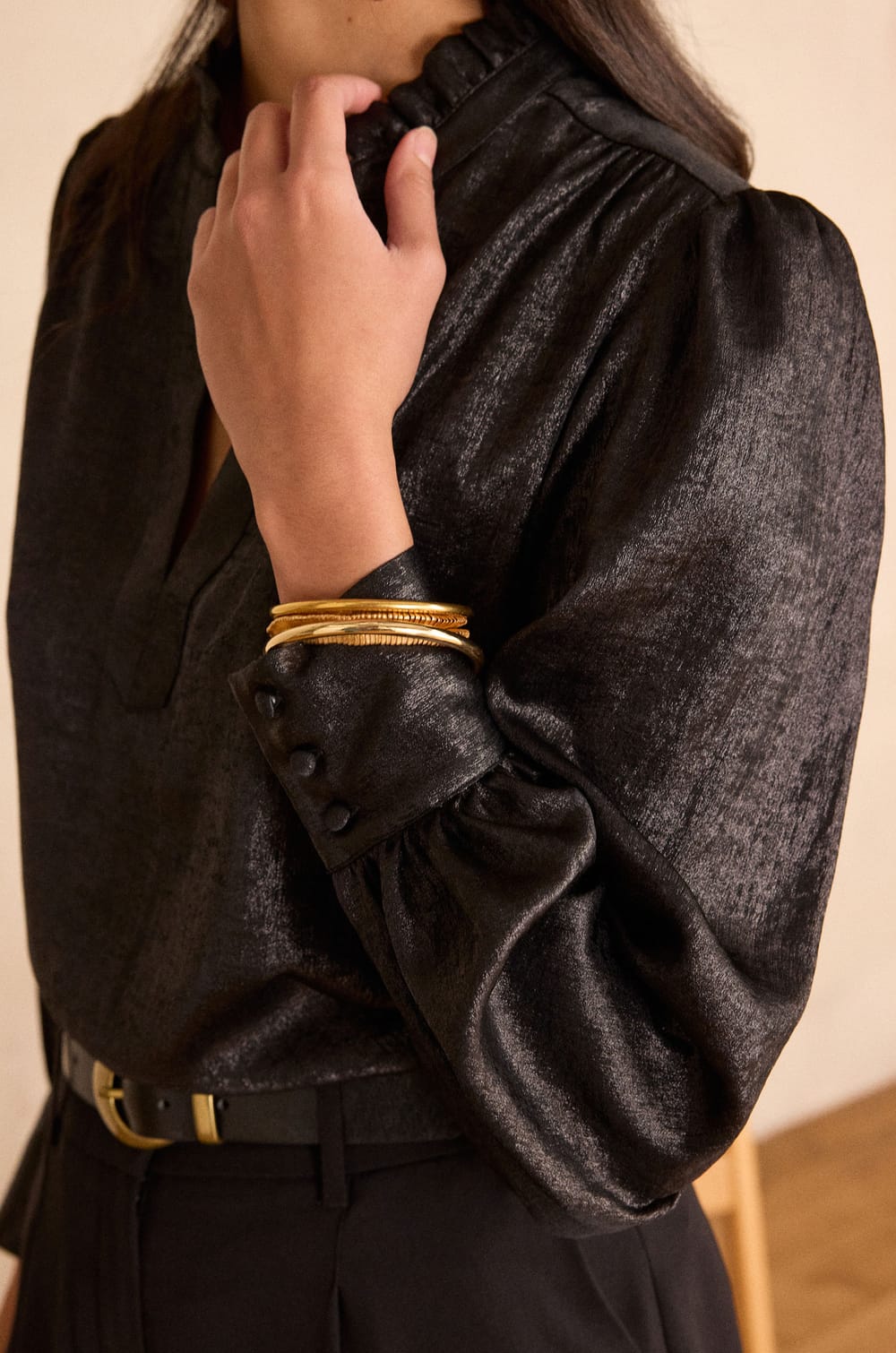 BETH Tunisian collar blouse;${refinementColor}