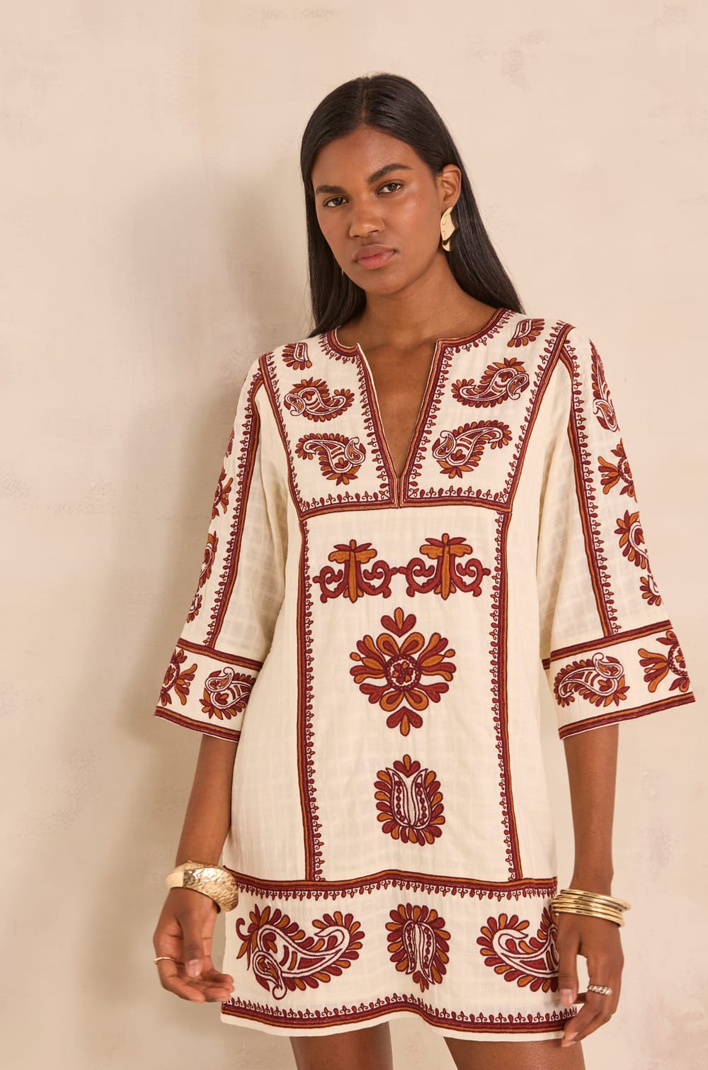Straight embroidered cotton dress MARGUERITE;${refinementColor}