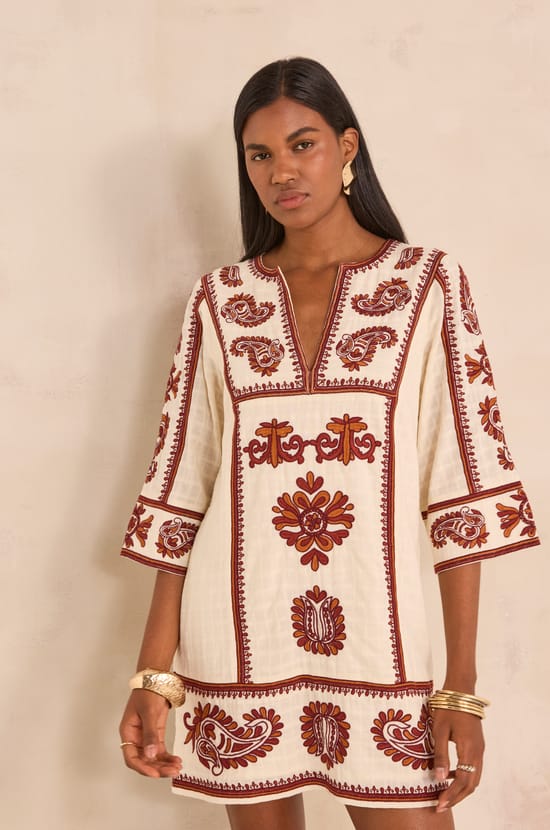 Straight embroidered cotton dress MARGUERITE;${refinementColor}