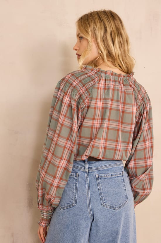 Checkered long-sleeve cotton blouse MANON;${refinementColor}
