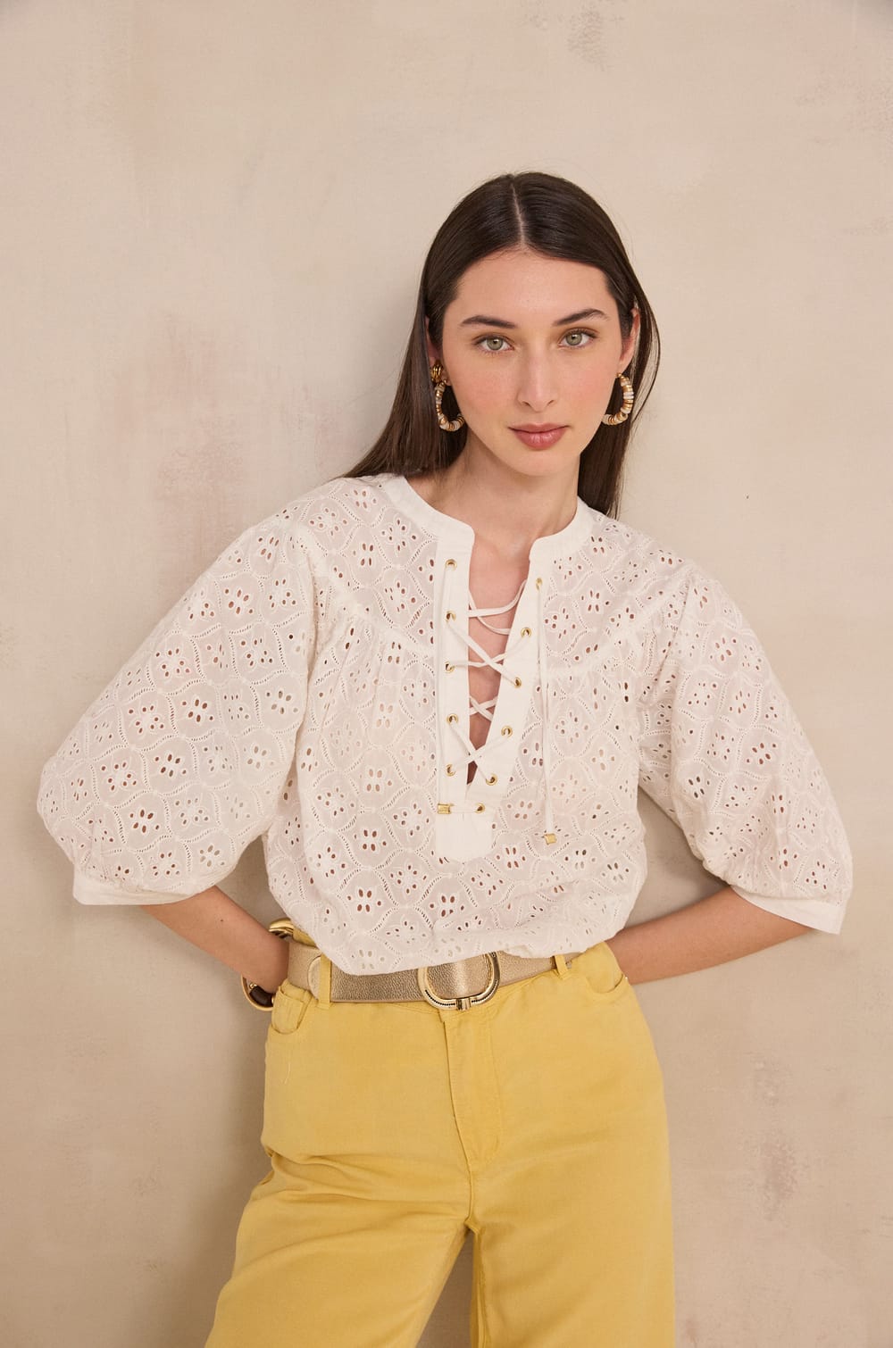 Embroidered blouse with 3/4 sleeves DIANE;${refinementColor}