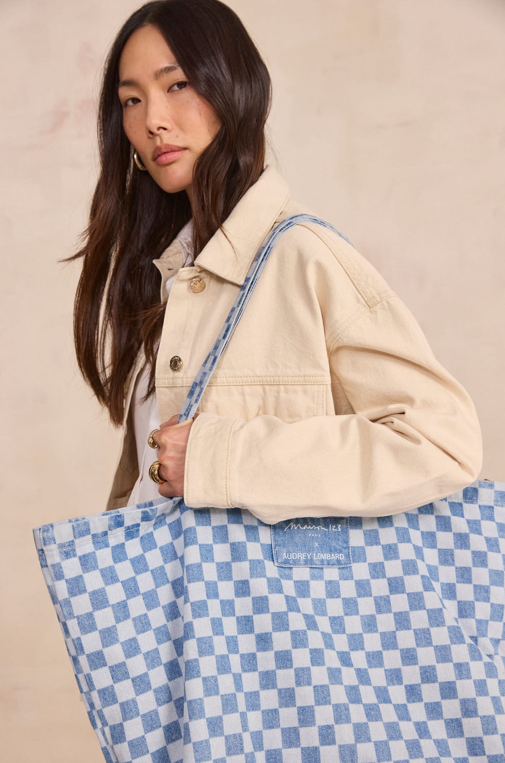 Sac en jean &agrave; carreaux Audrey Lombard x Maison 123 BIGGIE;${refinementColor}