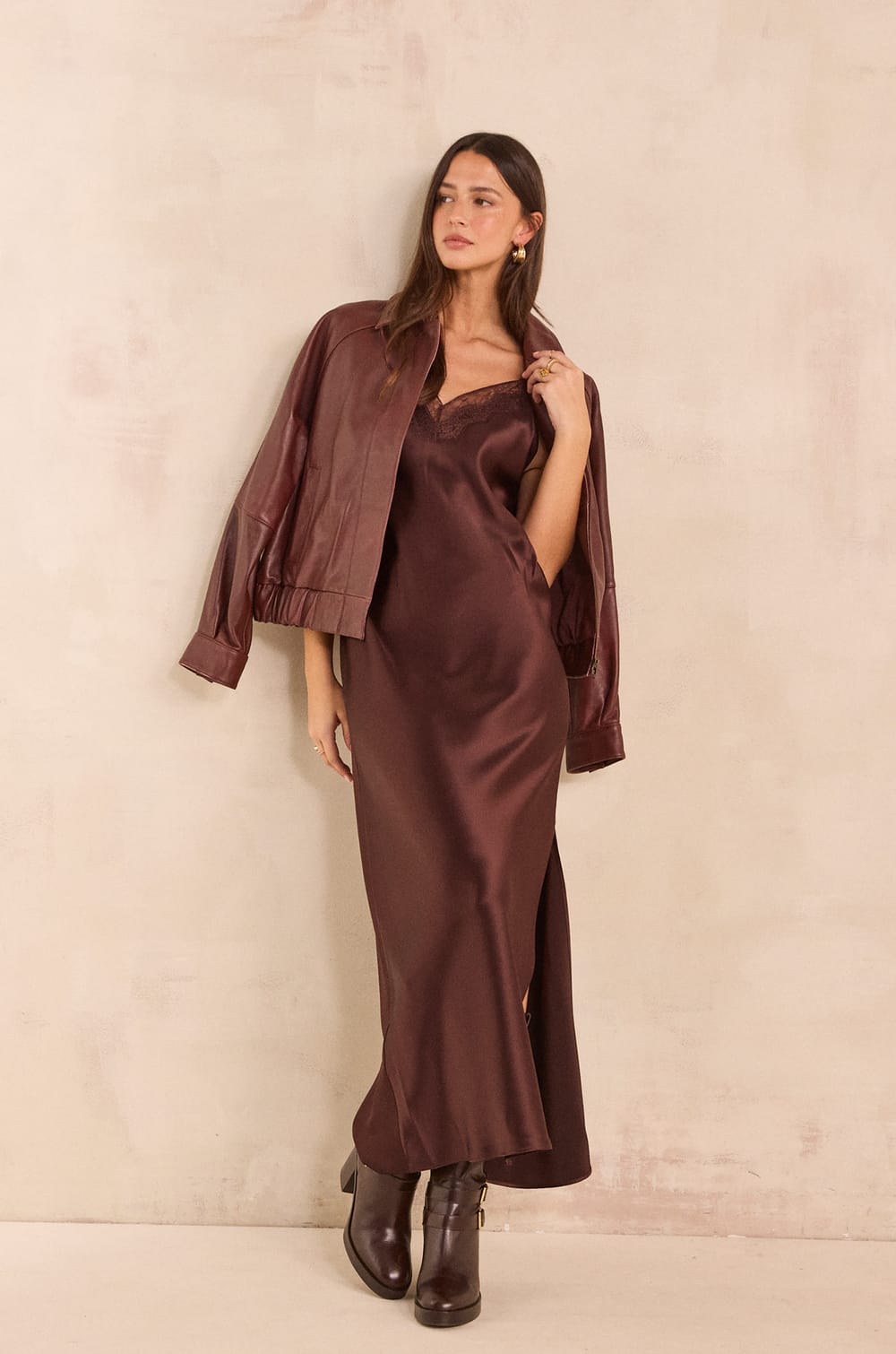 Straight satin dress REFLECTION;${refinementColor}