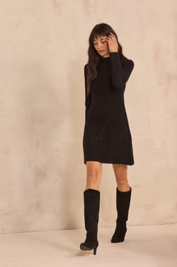 Black straight knit dress in mixed wool with sequins;${refinementColor}